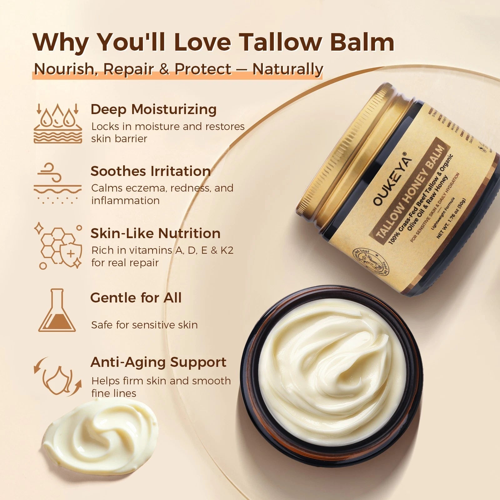 OUKEYA Grass-Fed Beef Tallow Balm Face Moisturizer 50g