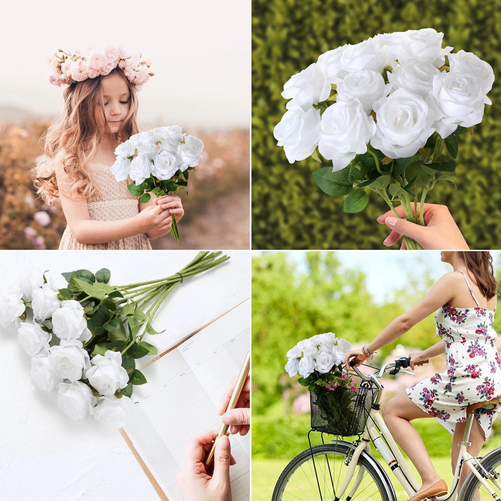 12 Pcs White Artificial Roses – Real Touch Silk Flowers