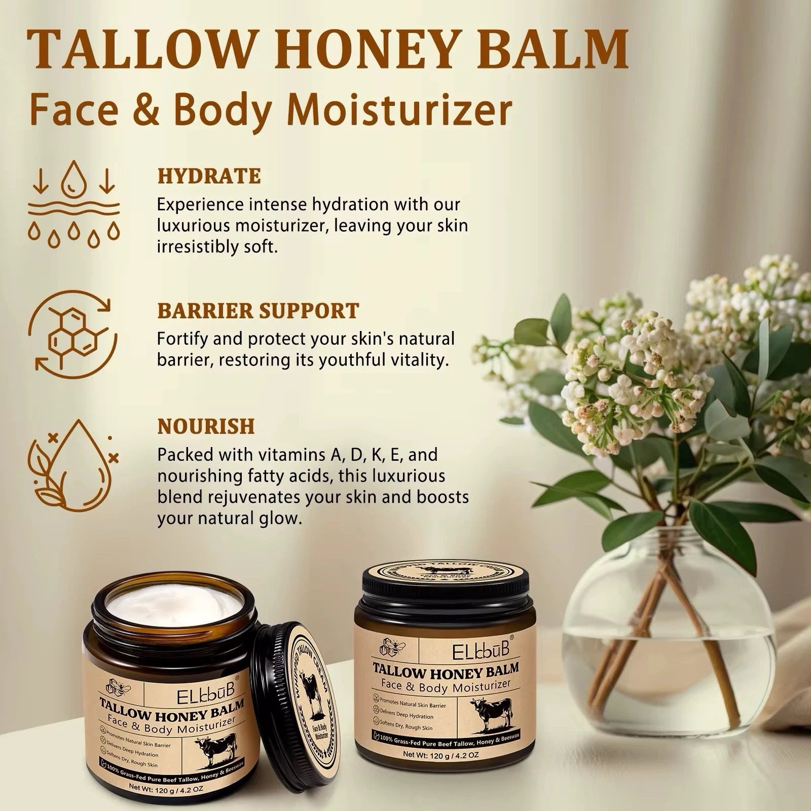 Beef Tallow & Honey Balm Natural Face Moisturizer