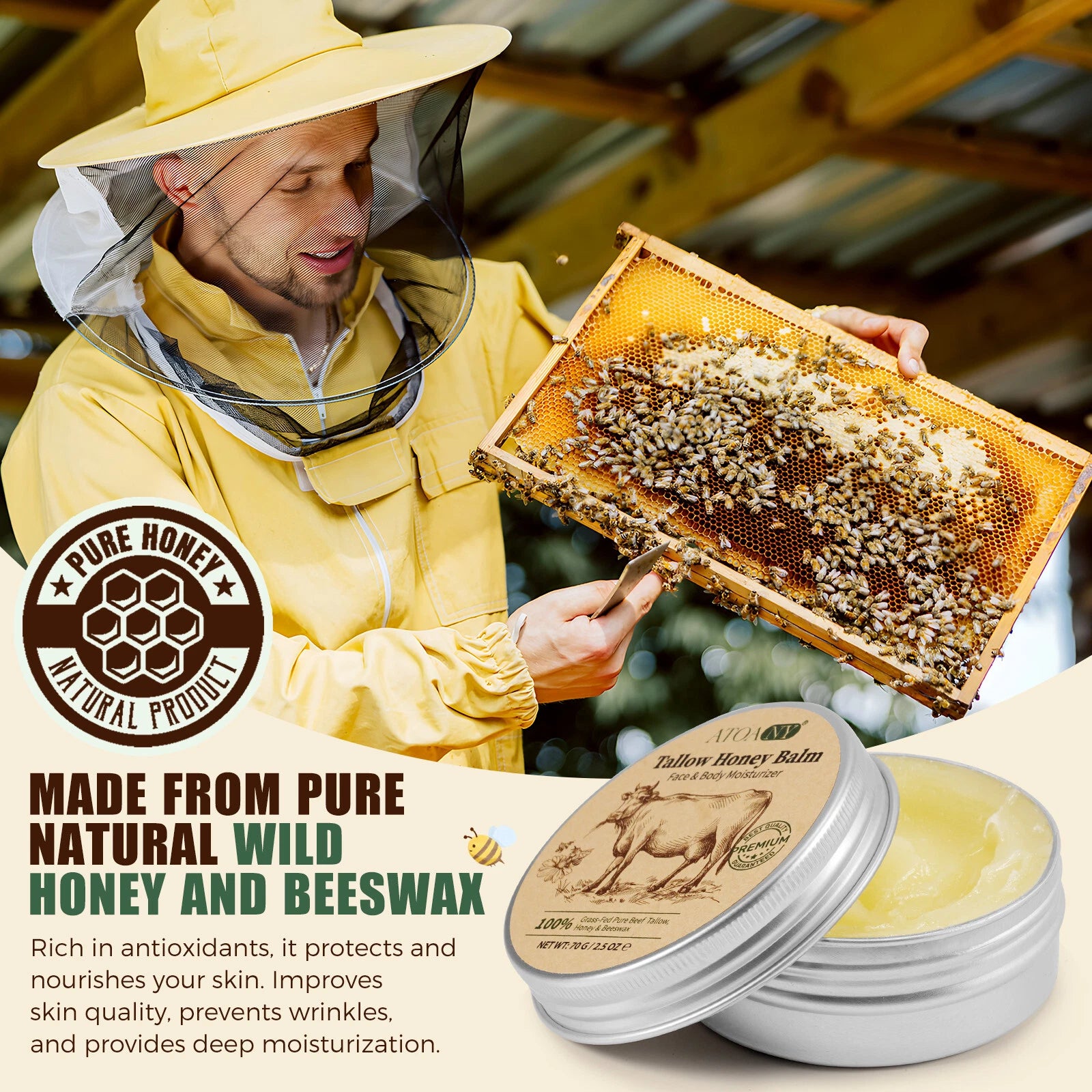 Whipped Beef Tallow Honey Balm – Grass-Fed Face Moisturizer