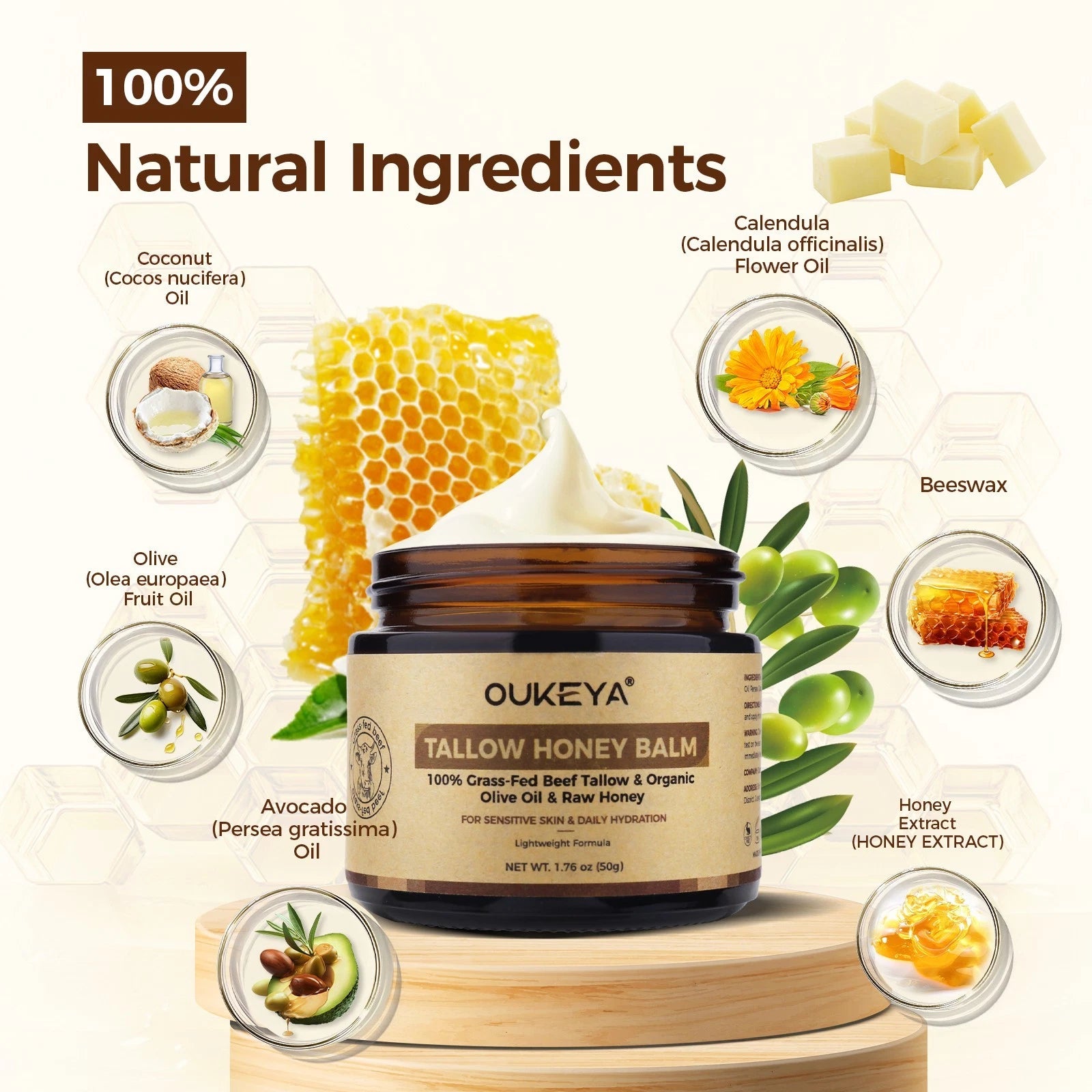 OUKEYA Grass-Fed Beef Tallow Balm Face Moisturizer 50g