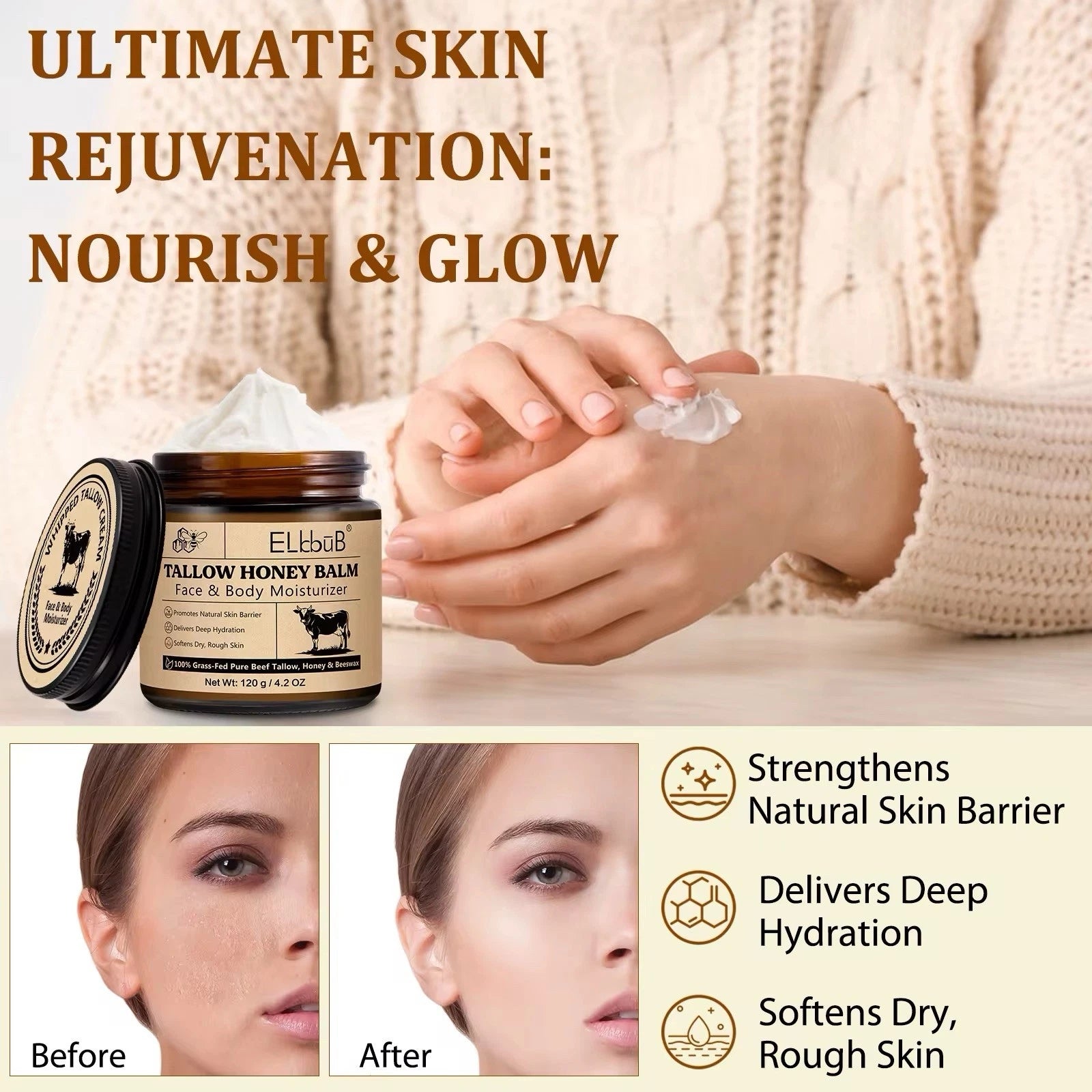 Beef Tallow & Honey Balm Natural Face Moisturizer