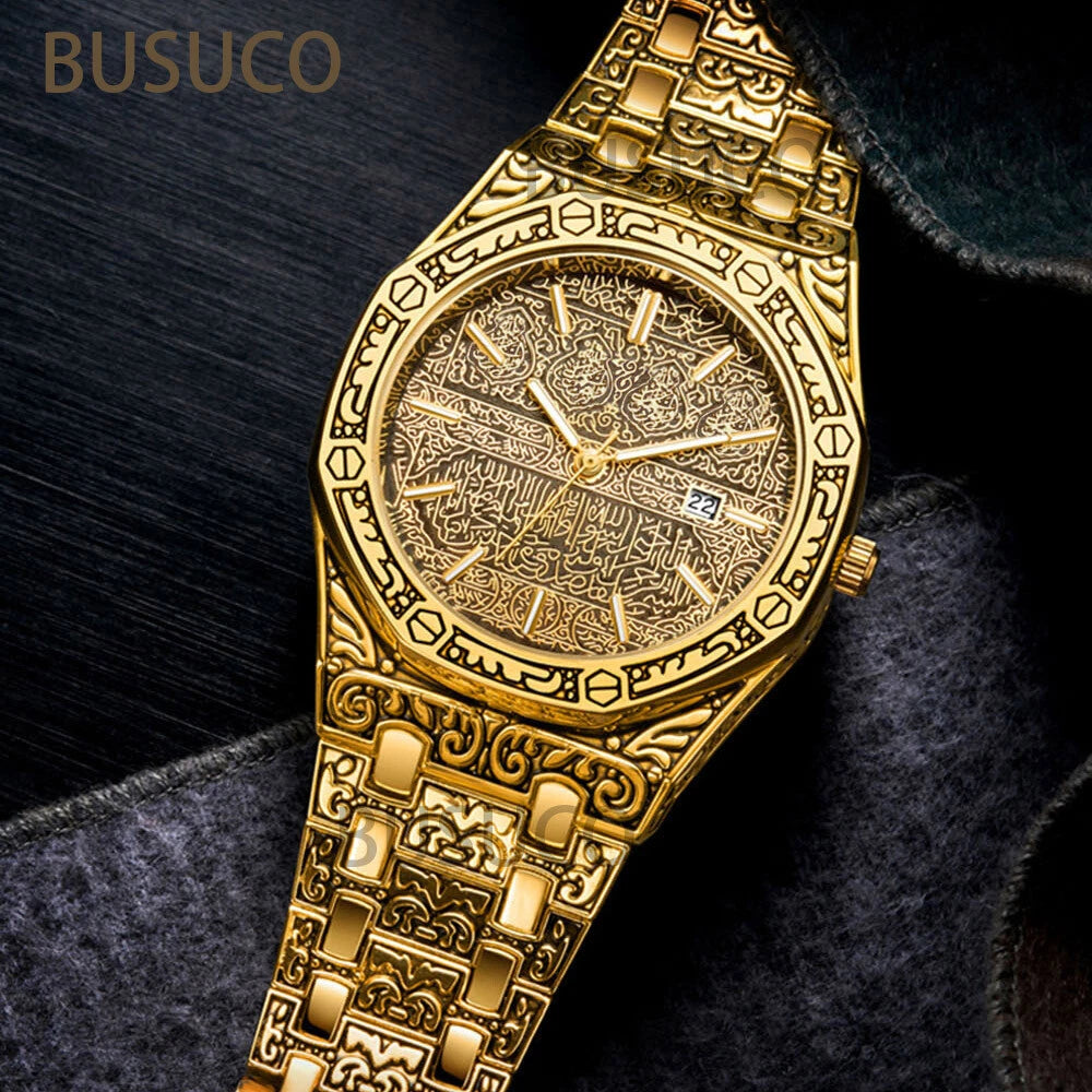 Luxury Men’s Stainless Steel Quartz Watch – Retro Carved Design