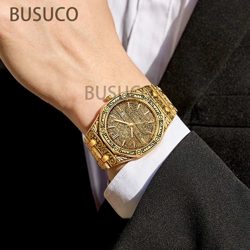 Luxury Men’s Stainless Steel Quartz Watch – Retro Carved Design