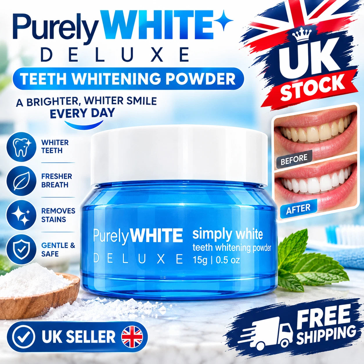 Purely WHITE Deluxe Teeth Whitening Powder – Stain Removal