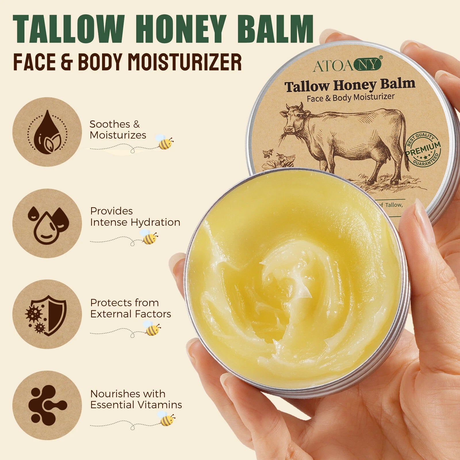 Whipped Beef Tallow Honey Balm – Grass-Fed Face Moisturizer