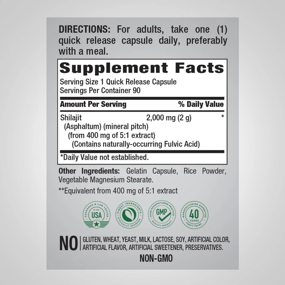 Pure Shilajit 2000mg – 180 Capsules | Fulvic Acid | Non-GMO